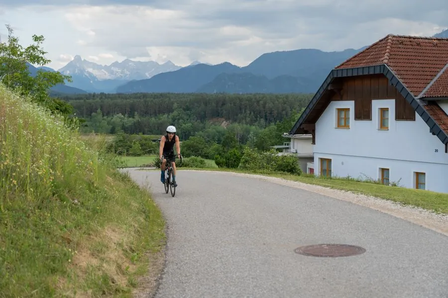 A cyclist on a mountain road